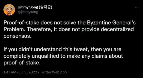 Джимми Сонг раскритиковал алгоритм Proof-of-Stake, чем навлек критику со стороны Бутерина