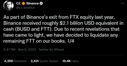 Binance избавляется от резервов в токенах биржи FTX