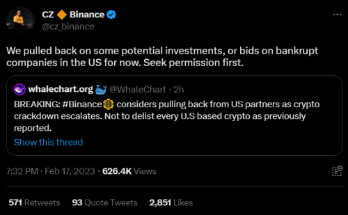 Binance передумала вкладываться в американские стартапы и спасать банкротов из США
