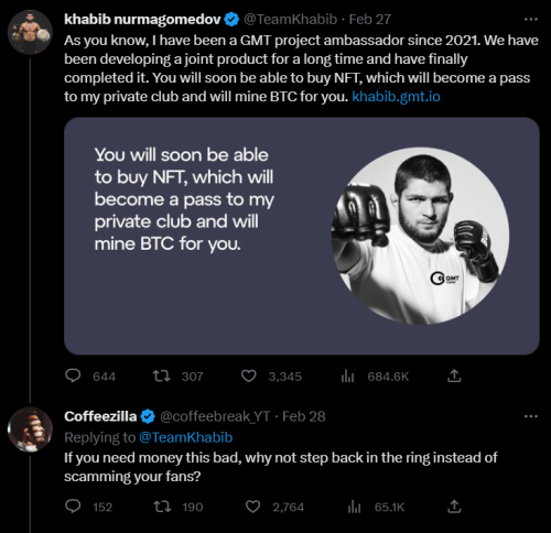 Экс-бойца UFC Хабиба Нурмагомедова обвинили в скаме из-за NFT, добывающего биткоин