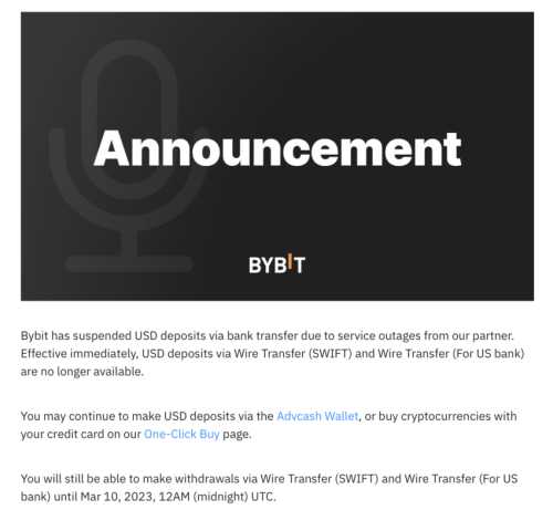 Bybit запретила пополнять счета с помощью банковских переводов