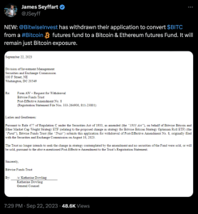 Bitwise отозвала заявку на преобразование фьючерсного биткоин-ETF в гибридный ETF на BTC и Ethereum