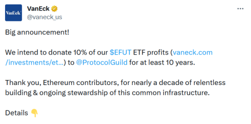 В VanEck пожертвуют 10% прибыли от ETF Strategy Ethereum разработчикам ETH
