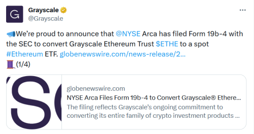 В Grayscale подали заявку на конвертацию Grayscale Ethereum Trust в ETF